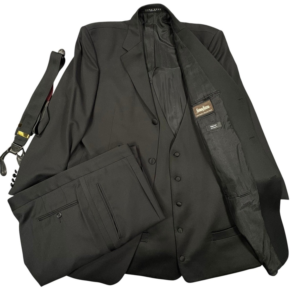 Hugo Boss 3-Piece Tuxedo Suit Mens 46L Black Wool Super 100s Formal USA